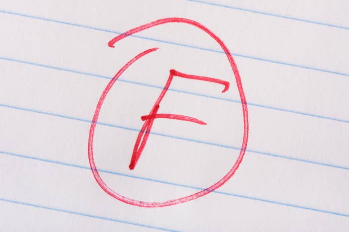 A handwritten letter &#x27;F&#x27; grade on lined paper