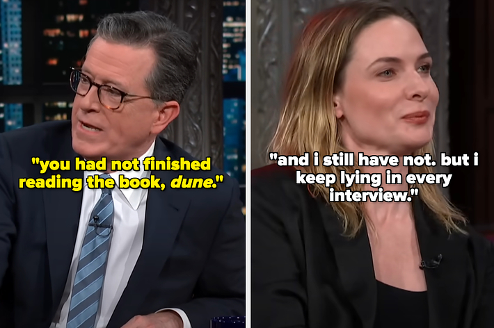 Stephen Colbert asking if Rebecca Ferguson has read Dune and she said she hasn't and keeps lying about it