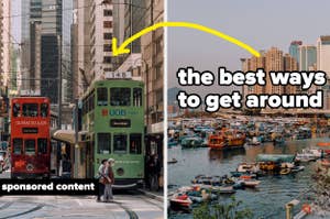 Two images side by side; left shows trams in a city, right displays boats in a harbor with text "the best ways to get around."