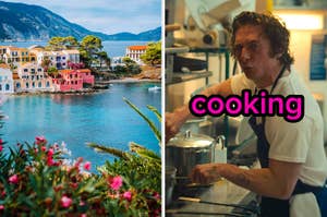 On the left, a scenic coastal village, and on the right, Jeremy Allen White stirring a pot in a kitchen as Carmy on The Bear labeled cooking