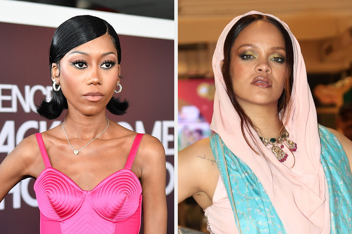 Two side-by-side photos: Left, person with sleek hair and strapless top; right, person in a bejeweled headscarf and shimmery outfit
