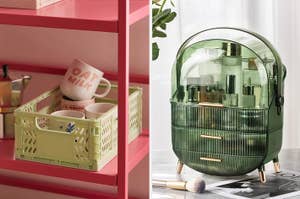 Assorted skincare products neatly organized in a transparent green beauty fridge on a sleek surface