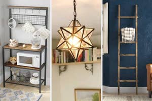Three different home decor items: a shelving unit, a star-shaped pendant light, and a decorative ladder