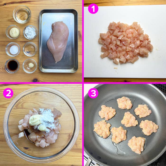 鶏胸肉の調理手順が4つの写真で表示されています。フライパンで調理する前の下ごしらえがステップごとに示されています。