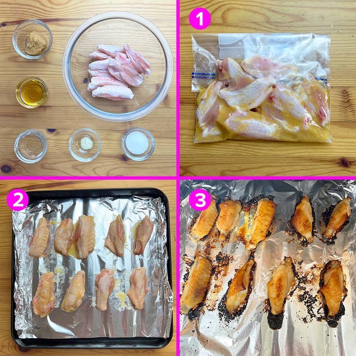 手順を示す料理の画像。右上は調味料入りのチキン、左下はオーブン用トレイに並べられた前処理済みチキン、右下は焼き上がったチキン。