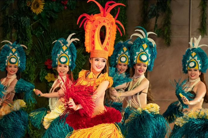 熱帯地方の衣装を着たダンサーが舞台で踊っています。