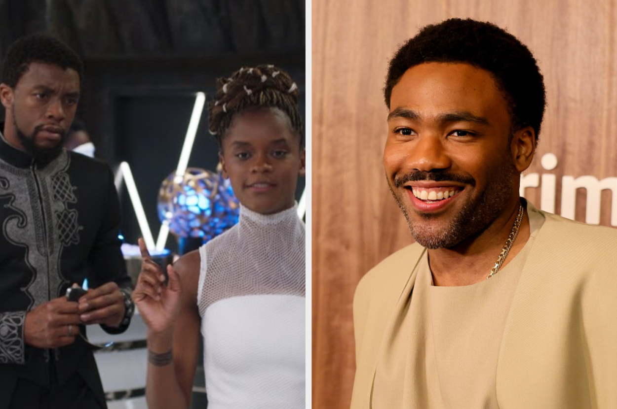 Chadwick Boseman and Letitia Wright in Black Panther scene; Donald Glover smiling at event