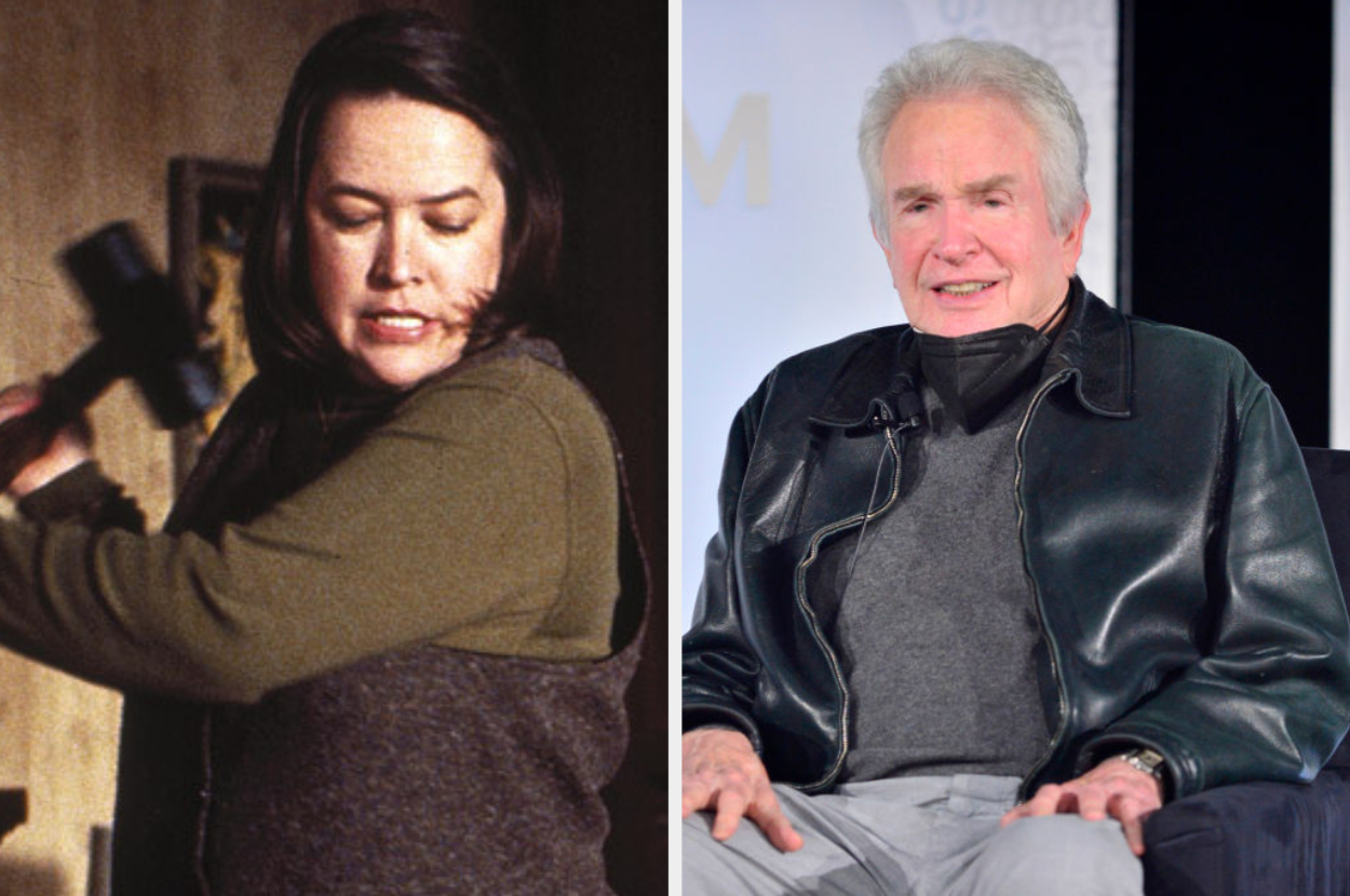 Split image: Left, actress holding a hammer; right, actor seated in leather jacket