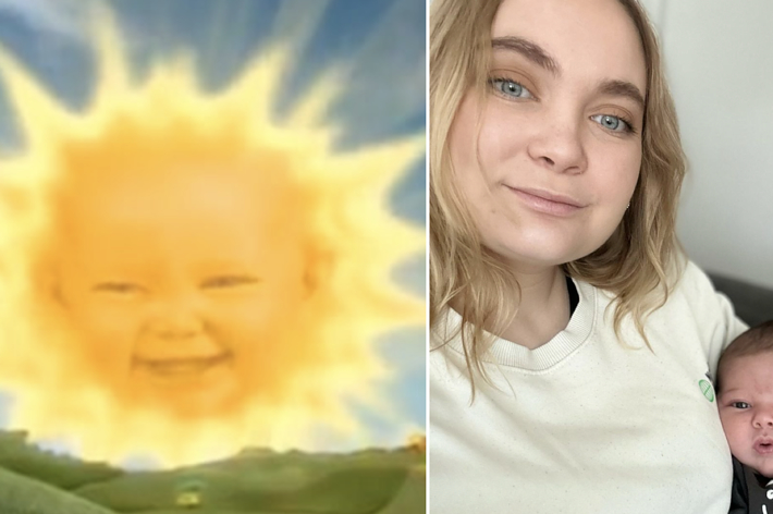 Animated sun with a baby's face from Teletubbies, next to a woman holding an infant