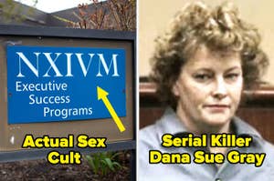 Sign for NXIVM's executive success programs with an arrow and photo of Dana Sue Gray labeled as a serial killer
