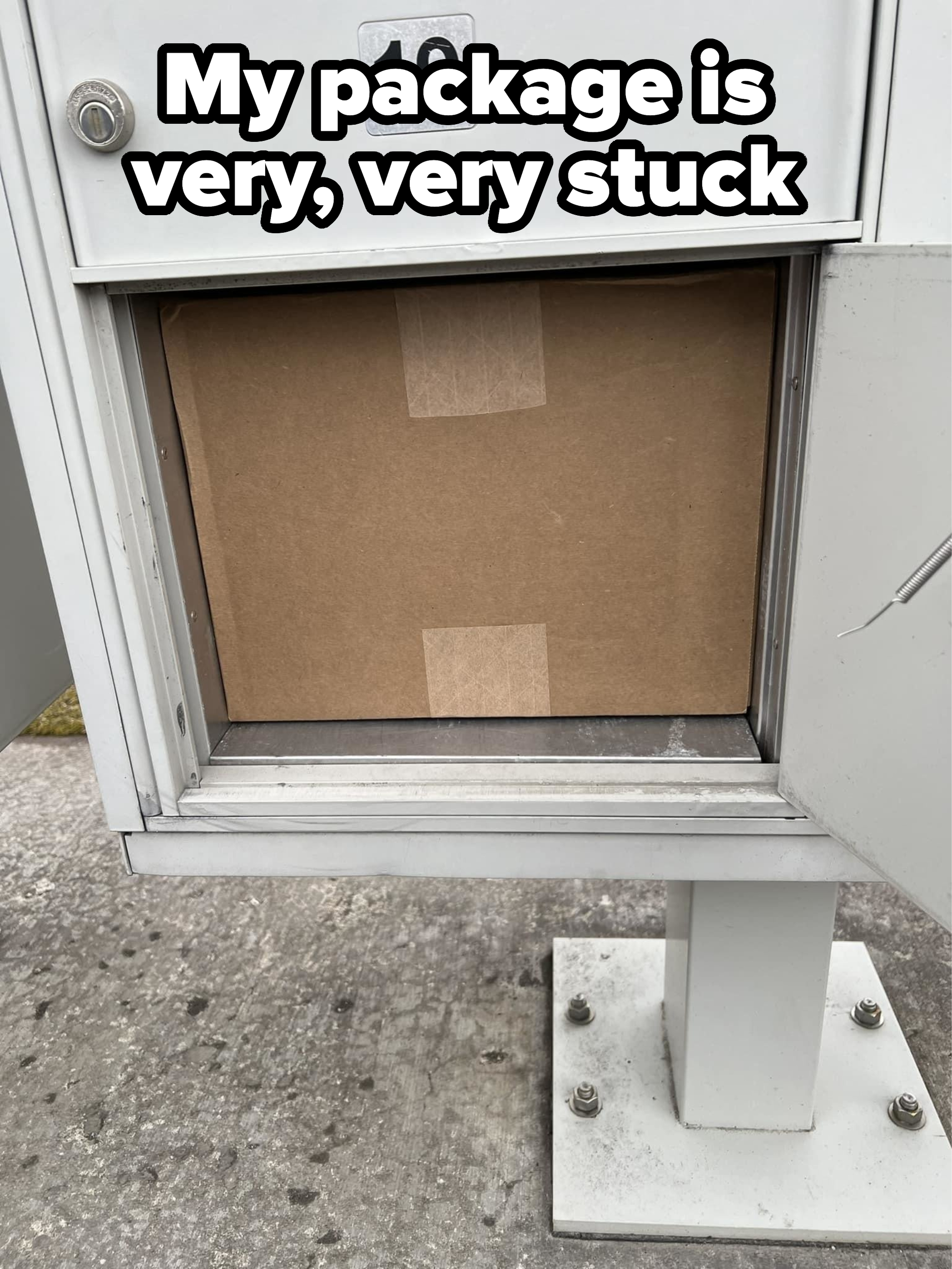 Box completely filling a mailbox slot, visible through an open door