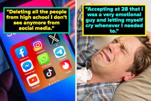 Woman pondering beside a quote about removing old acquaintances from social media apps