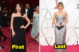 Two women on red carpet; First in strapless black gown, Last in floral dress with clutch
