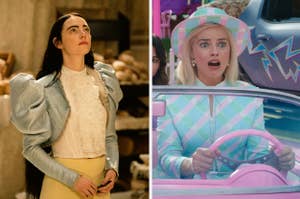 Two scenes: Left - Emma Stone in frilled blouse and silver jacket. Right - Elle Fanning in pastel checkered hat and blazer