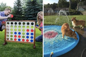 Two people play a giant outdoor Connect Four game; a dog stands on a water-filled inflatable with a sprinkler