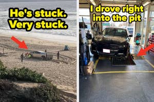 Left: Car trapped in sand, person beside it. Right: Car mistakenly driven into a shop pit