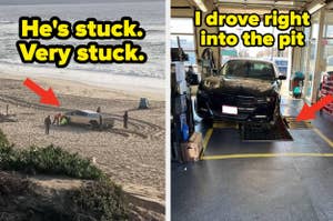 Left: Car trapped in sand, person beside it. Right: Car mistakenly driven into a shop pit