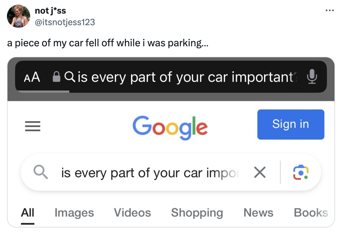 Screenshot of a Google search query &quot;is every part of your car important&quot; posted by a user noting a piece fell off their car