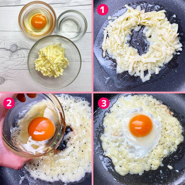 卵とチーズを使った料理の作り方を順を追って示した4枚の画像。