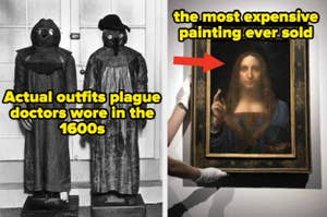 Two images: left shows historical plague doctor costumes; right, the painting 'Salvator Mundi', captioned as expensive