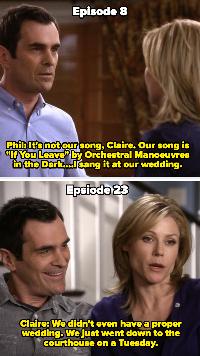 In Episode 8, Phil tells Claire he sang &quot;If You Leave&quot; at their wedding, then in Episode 23, she says they didn&#x27;t have a proper wedding