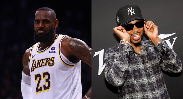 LeBron James in a Lakers jersey mid-game; man in checkered outfit and NY cap smiling at an event