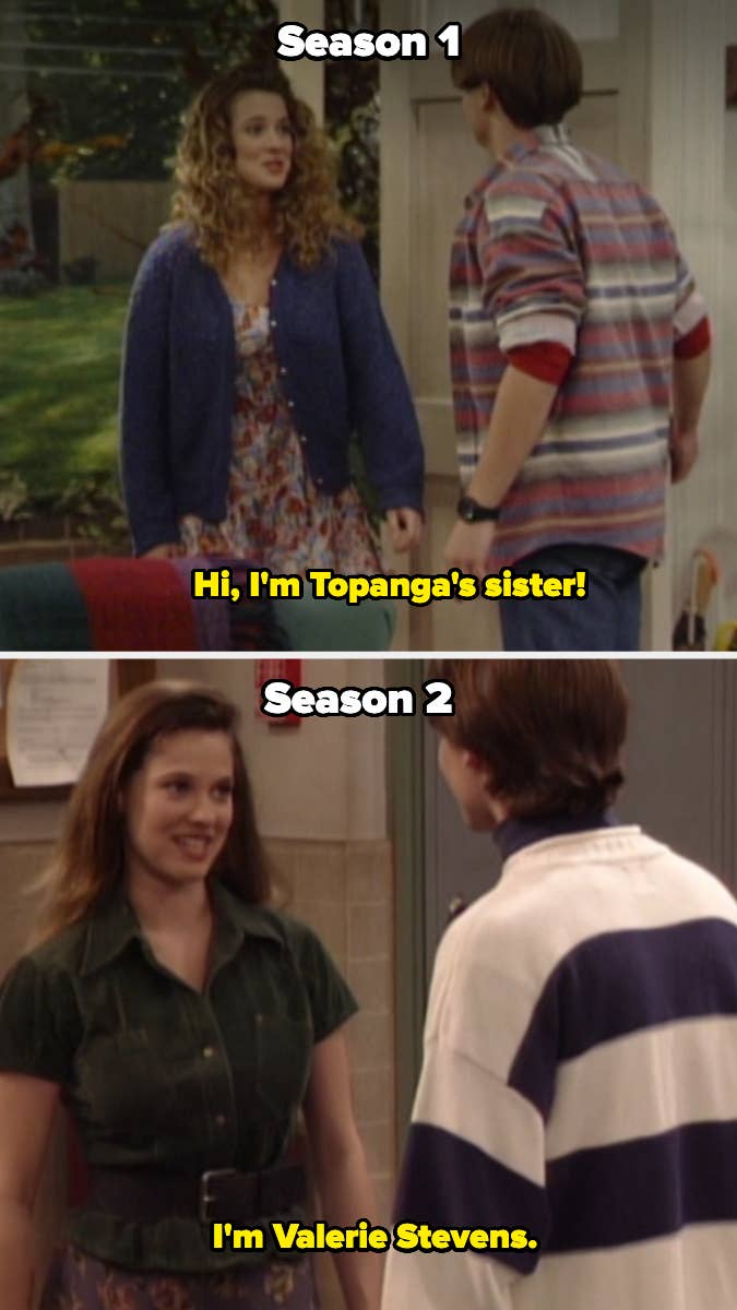 Two scenes from a TV show featuring a female character introducing herself, once as Topanga&#x27;s sister, another time as Valerie Stevens