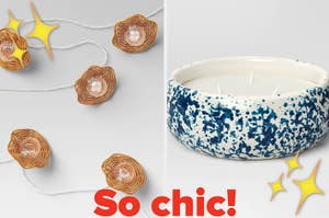 String lights with star-shaped covers and a chic speckled bowl. Perfect for home decor enthusiasts