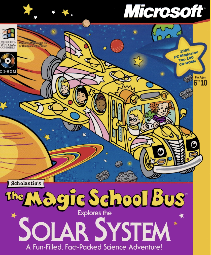 Cover of &quot;The Magic School Bus Explores the Solar System&quot; game, with characters on a bus in space