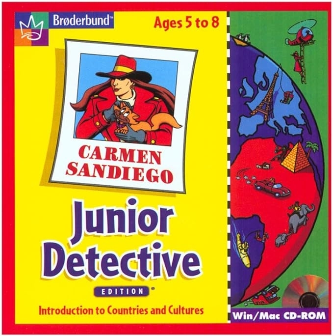 Cover of &quot;Carmen Sandiego Junior Detective Edition&quot; game with title and character illustration
