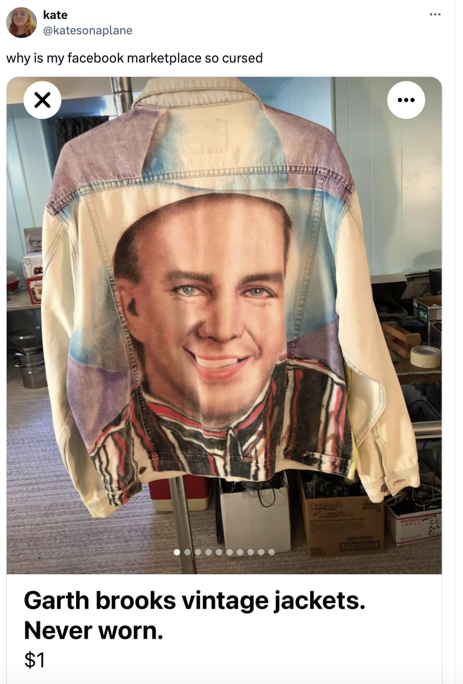 Jacket with a large printed face on the back, displayed for sale. The post is a humorous share on a social platform
