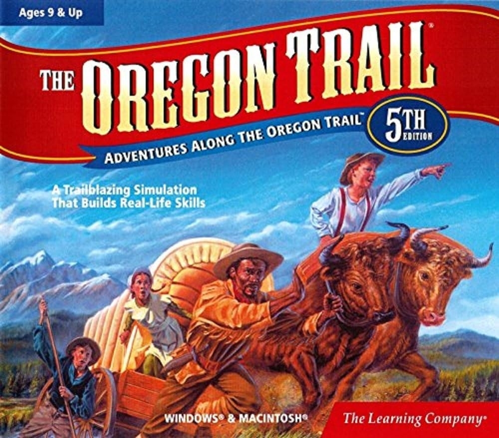 Box art for &quot;The Oregon Trail 5th Edition&quot; game featuring illustrated pioneers and oxen