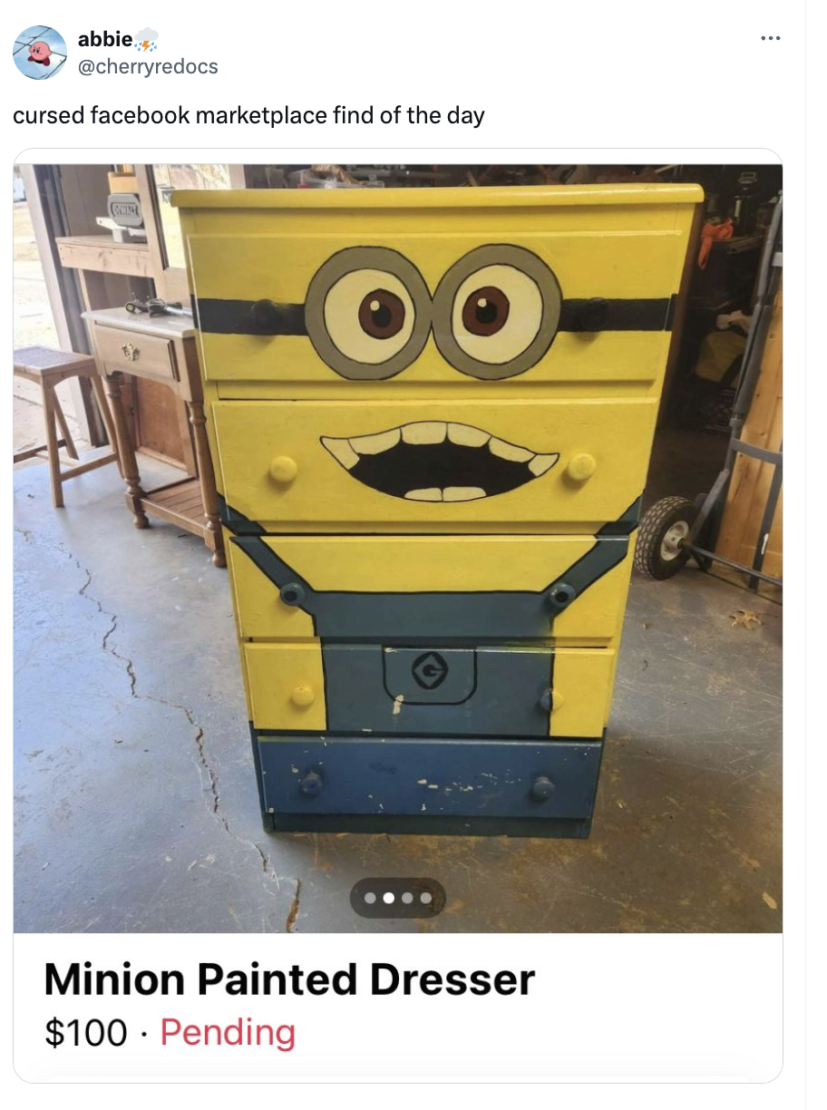 Dresser with Minion design from Despicable Me, for sale on Facebook marketplace