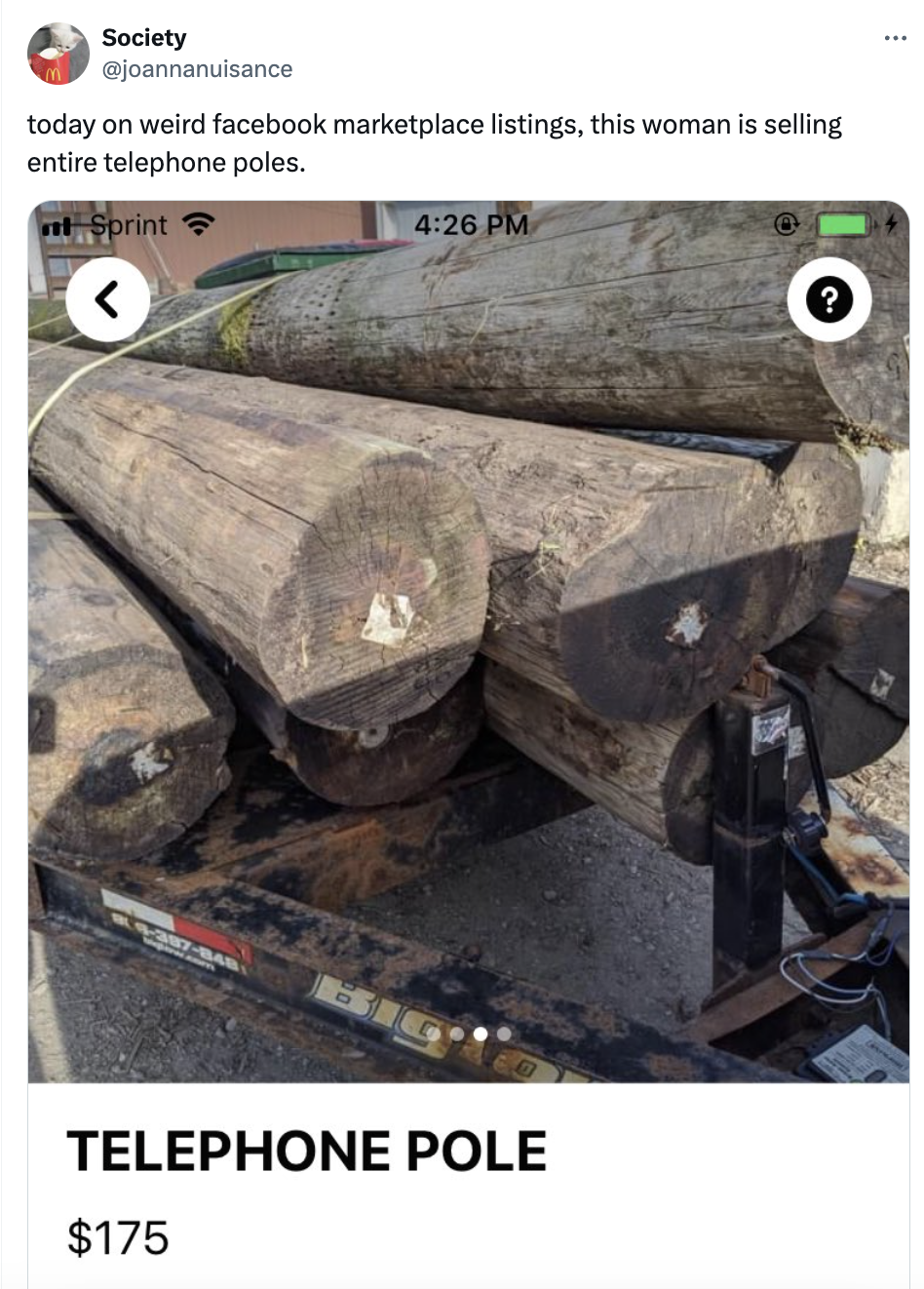 Woman sells telephone poles for $175 on Marketplace; various sizes shown with end-grain and bark