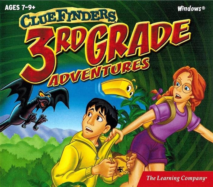 Cover of &quot;ClueFinders 3rd Grade Adventures&quot; game showing two animated characters, one male and one female, with &quot;Mathra&quot; flying above