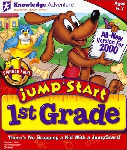 Cartoon dog with a pencil and notepad on &quot;JumpStart 1st Grade&quot; educational game cover