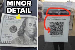 Movie prop $100 bill labelled as such next to real bill; QR code to view mall hours on a sign