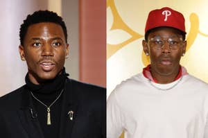 Two men posing separately, one wearing a black turtleneck and necklaces, the other in a pink Phillies cap and glasses