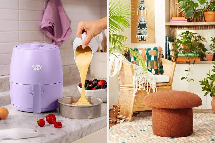 Hand pours batter into air fryer; stylish ottoman beside cozy armchair and cushion