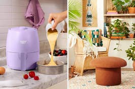 Hand pours batter into air fryer; stylish ottoman beside cozy armchair and cushion