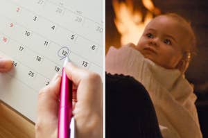 On the left, someone circling a date on a calendar, and on the right, Rosalie holding baby Renesmee in the Twilight Saga Breaking Dawn
