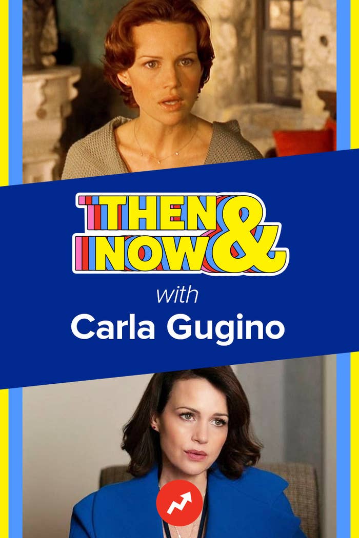 Carla Gugino featured in a split &#x27;Then &amp;amp; Now&#x27; graphic, top image from Spy Kids and the bottom from The Girls on the Bus