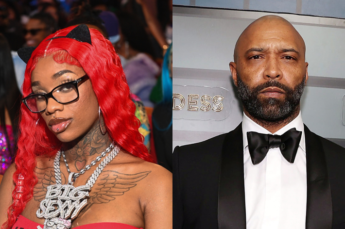 Summer Walker and Joe Budden side by side; Walker with red hair and tattoos, Budden in a classic suit