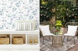left: floral-print peel-and-stick wallpaper; right: three-piece outdoor patio set with two chairs and a small table