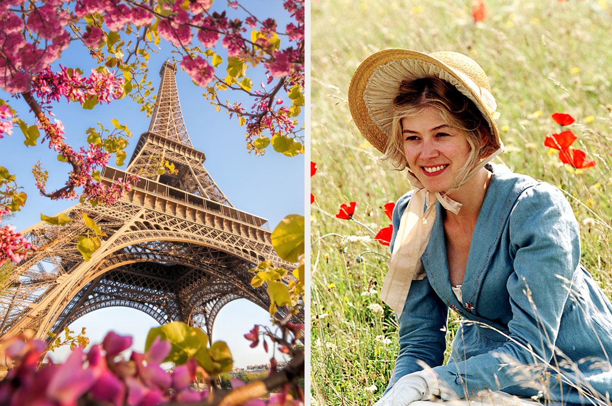 Split image: Left shows the Eiffel Tower framed by flowers. Right shows a woman in a sunhat and blue dress sitting in a poppy field