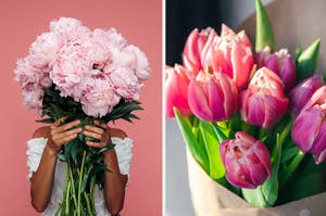 Person holding a bouquet of peonies obscuring their face; a bouquet of tulips wrapped in paper