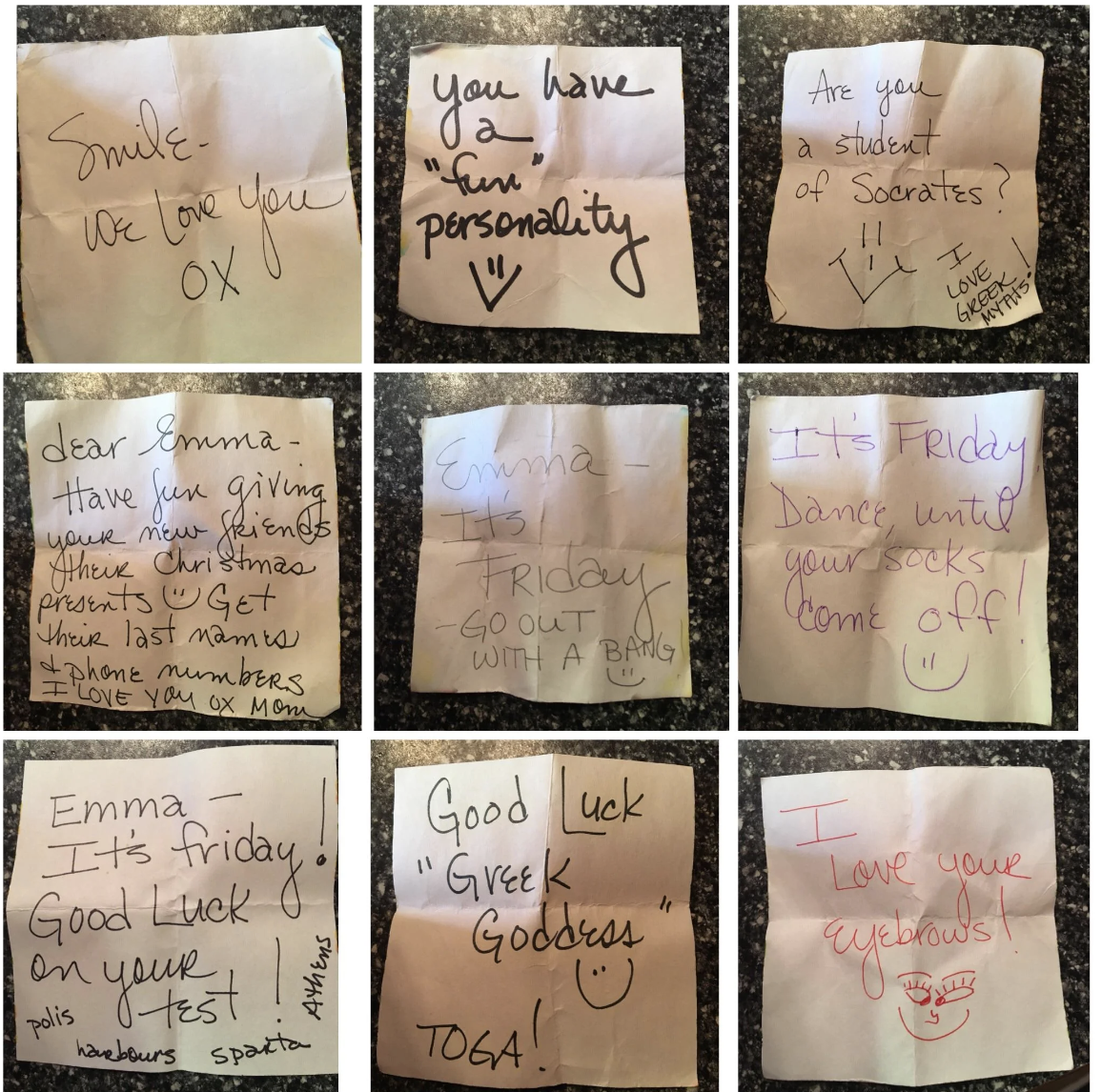 Nine sticky notes with encouraging messages for someone named Emma, ranging from love expressions to good luck wishes