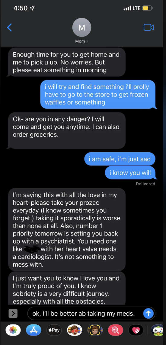 Text conversation with Mom discussing going to the store, feeling overwhelmed, and a reminder to take prescribed medication