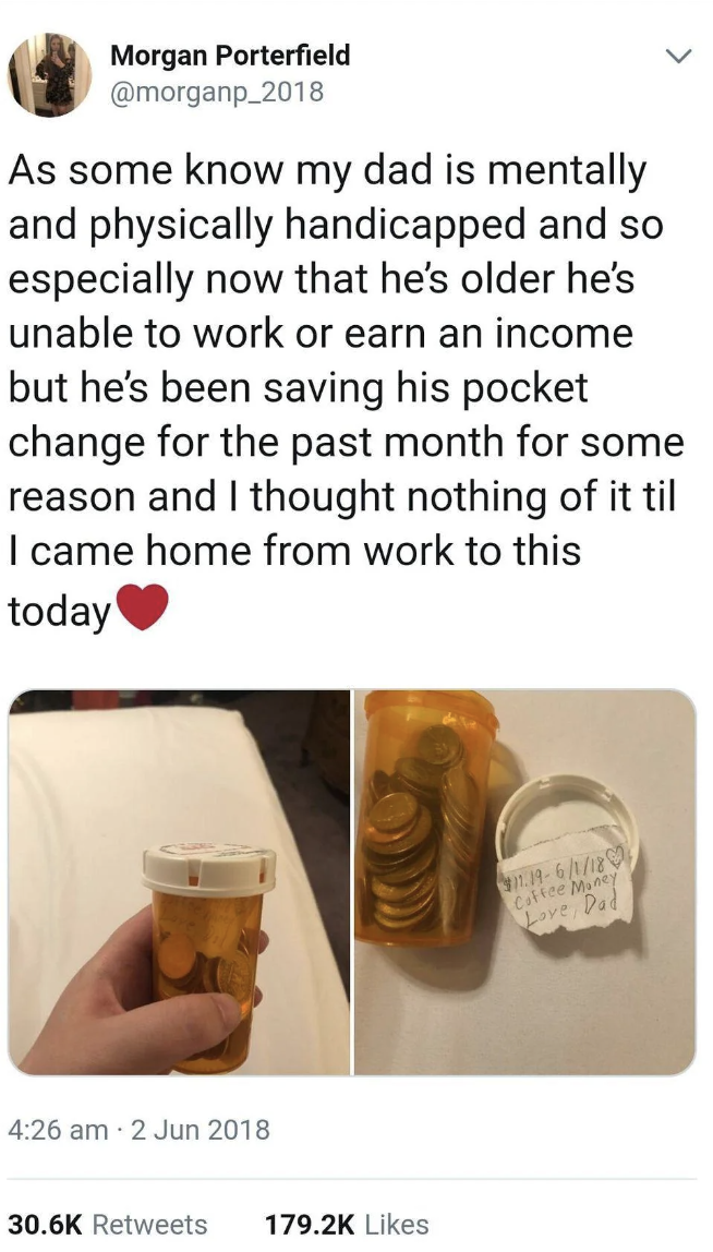 A photo of two plastic cups filled with coins labeled &quot;Lunch Money&quot; and &quot;Bus Money&quot; from a financially struggling father to his child