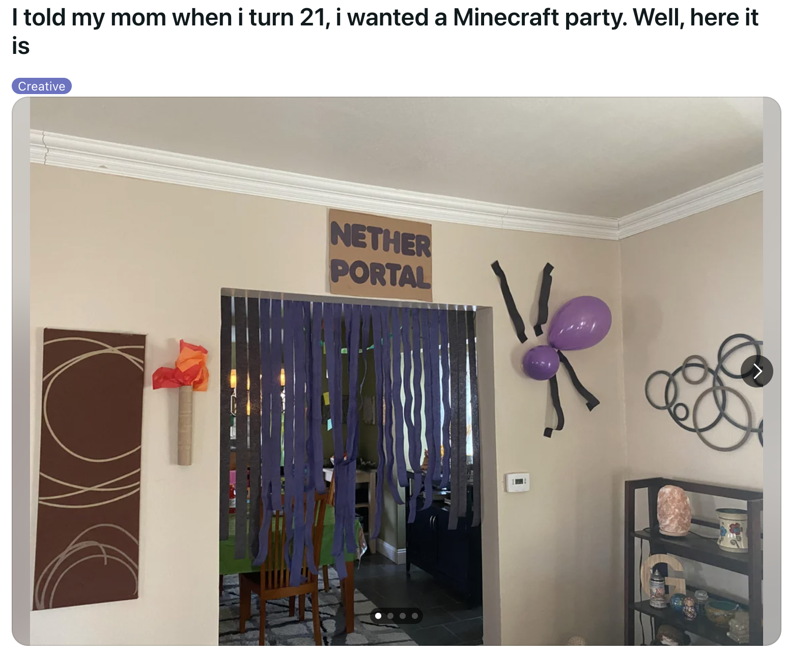 A room decorated with a Minecraft theme, including a Nether Portal banner and wall resembling a portal, for a 21st birthday celebration